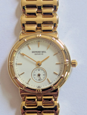 Raymond Weil Geneve 9814 Woman´s Vintage Gold Dial Date Quartz Damenuhr in OVP.