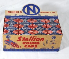 60 boxes unused Nichols Stallion Round Caps - caps included + Display!