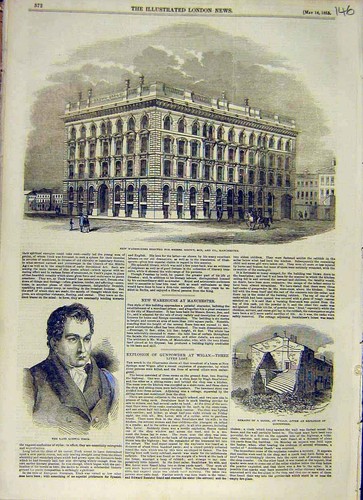 Original Old Antique Print Warehouse Building Brown Manchester Tieck Wigan 1853