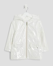 River Island Mini Girls Coat White Bow Glitter Raincoat Zipper Outerwear Top