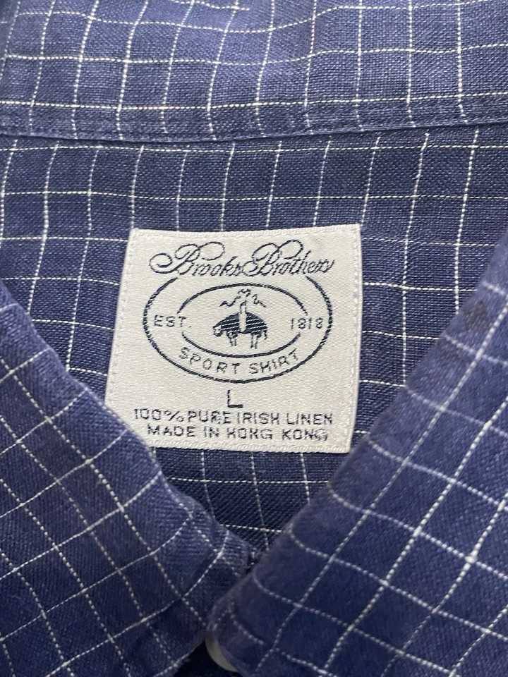 Brooks Brothers 100% Linen Blue Gingham Check Longsleeve ButtonDown Shirt Mens L - Image 4 of 4