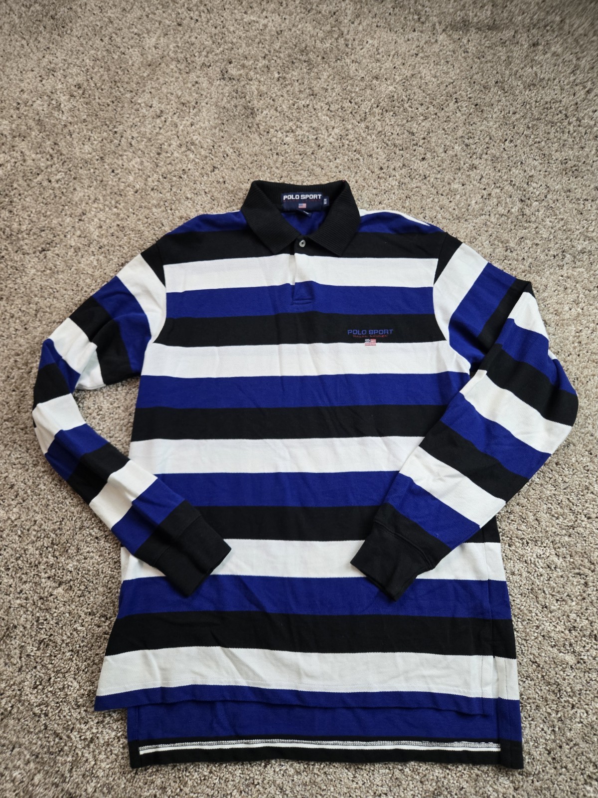 Vintage Polo Sport Polo Shirt Mens Medium Blue Striped Long Sleeve Pullover 90s