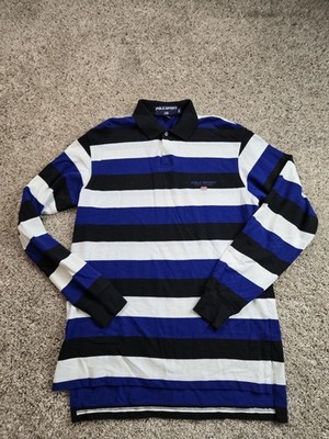 Vintage Polo Sport Polo Shirt Mens Medium Blue Striped Long Sleeve