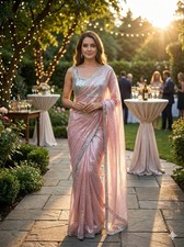 Bollywood Light Pink Color Space Silk Border Work Pre-Drape Sari Stitched Blouse