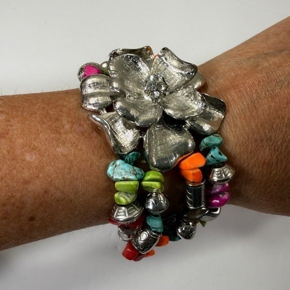 Multi Strand Bracelet Beaded Stacking Silver Tone… - image 1