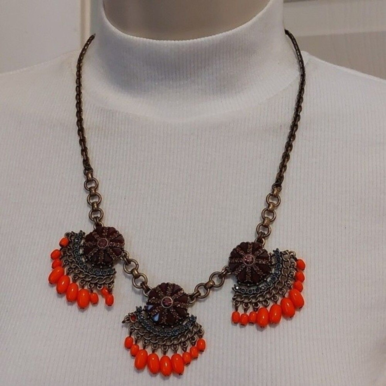 J.Crew Neon Orange Boho Chic Statement Necklace - image 1