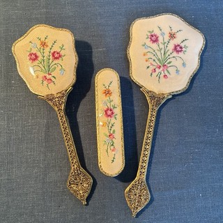Vintage Vanity SET Hand Mirror Hair Brush Clothes Brush Stitched Roses VGC