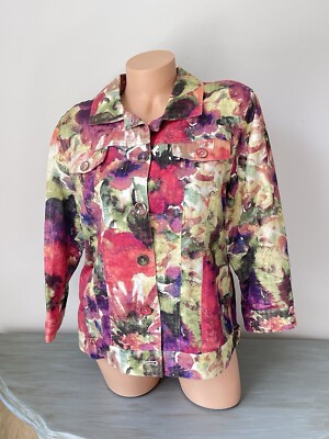 Chicos 2 Button Front Jacket FLORAL Large L metallic shimmer Sheen Linen Cotton