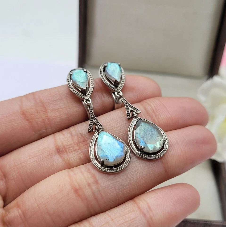 Natural Blue Labradorite pear Cut Dangle/Drop 925 Sterling Silver Earrings Women - Image 3 of 4