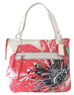 New NWT Coach Poppy Signature Coral Ivory Canvas Sequined Glam