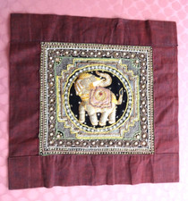 ELEPHANT TAPESTRY 3D Hanging Wall 21" X 21" w/Beads  Sequins Thai India VTG