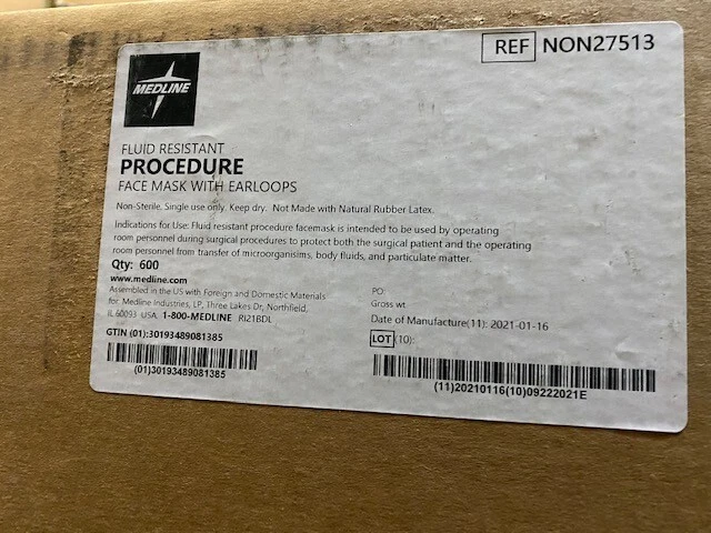 (Case of 600) Medline Fluid Resistant Procedure Face Mask With Earloops NON27513