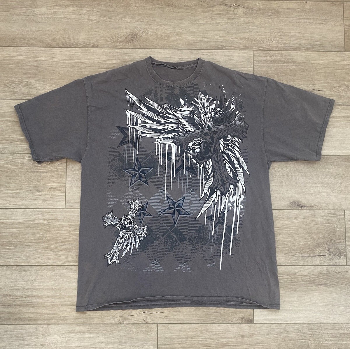 Vintage Gray Cross Wings Short Sleeve T-Shirt Mens 2XL Cyber