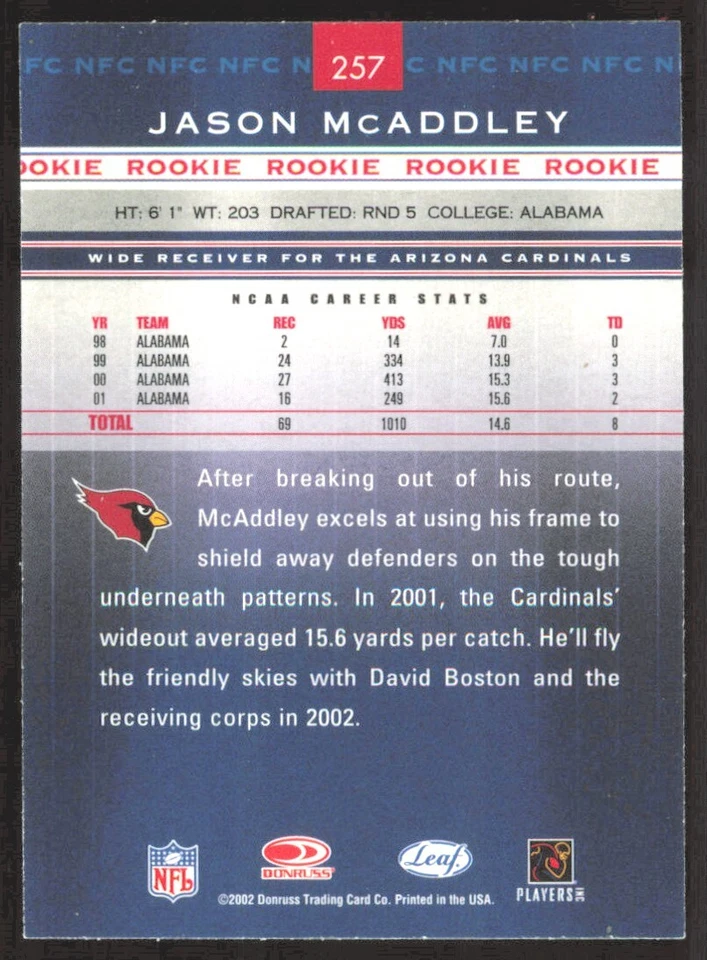 2002 Leaf Rookies & Stars Jason McAddley Rookie #257 - Image 2 of 2