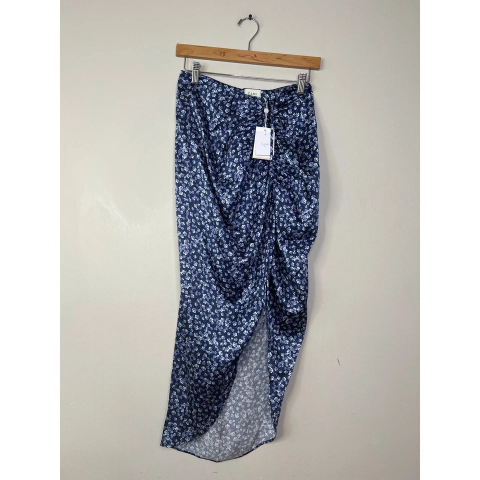 NWT Cami NYC Amanda Floral Silk Ruched Blue Pansy Print Midi Skirt with Slit  - Image 2 of 4