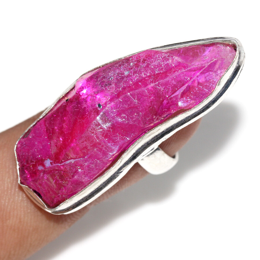 925 Silver Plated Pink Titanium Aura Quartz Ethnic Ring Jewelry Size US 7 JW