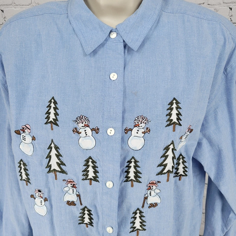 VTG Falls Creek Blue Snowman Embroidered Button Up Long Sleeve Shirt Size Medium - Image 4 of 4