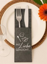 12 Stk Bestecktaschen "mit Liebe gekocht" 22cm grau Filz Tischdeko Besteckhalter