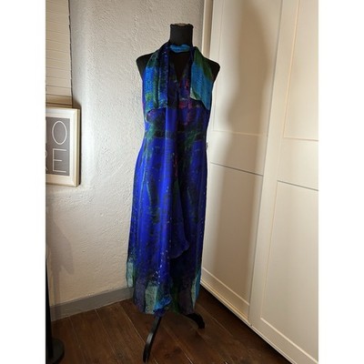 flowy chiffon midi dress Women’s Blue Green Halter Abstract Print Custom Made Floral dress