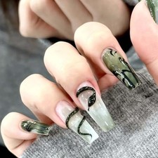 Press on Nails Long Coffin Gradient Green Fake Cute Nails Tips Full Cover