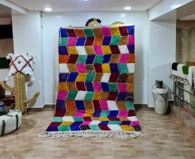 Geometric Artistic Moroccan Berber Wool Rug Color Multicolor Handmade Carpet Rug