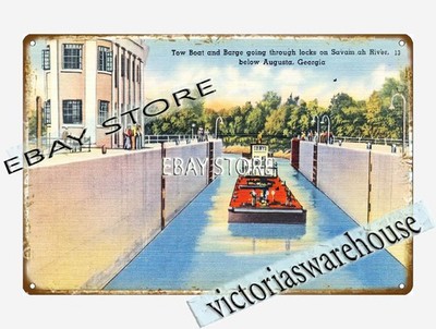 1930-45 Tow boat barge going locks Sava, below Augusta, Georgia tin sign