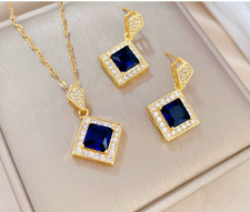 Elegant Blue Crystal Jewelry Set Gold Tone Necklace  Earrings Set