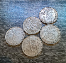 GERMAN Lot 5x 2 REICHSMARK 1937 - 1939 SWASTIKA Silver Coins 3rd Reich WW2 Mark
