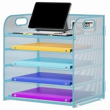 5 Tier Paper Organizer with Handle, Metal Mesh Desk Organizer File Folder 