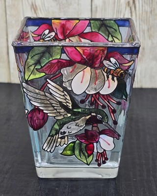 Amia Glass Votive Hand Painted Hummingbird with Flowers 3'' H Candle Holder