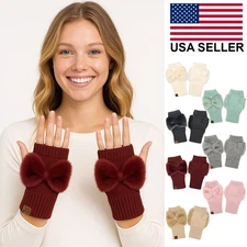 C.C Exclusive Women's Winter Solid Color Faux Fur Bow Fingerless Glove