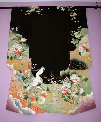 SUPREME!  Antique Japanese Kuro Furisode Kimono w Cranes Yuzen Silk US Ship