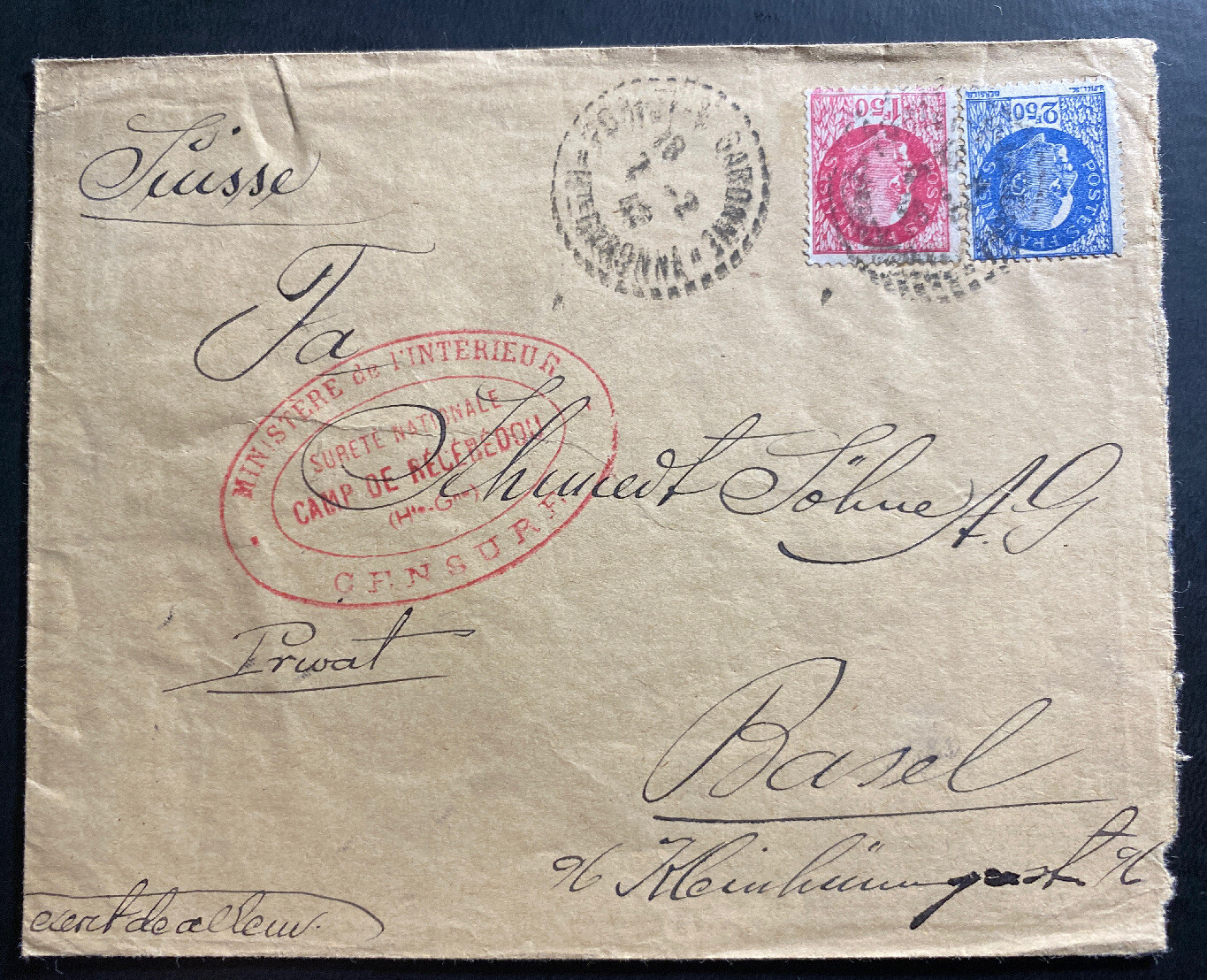 1942  France Concentration KZ Camp de Recebedou Prisoner Cover To Switzerland