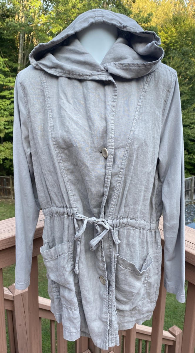 Flax Gray Women's Linen Hoodie Jacket Button Drawstring Waist SZ P