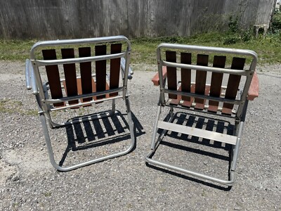 Vintage Set 2 MCM Redwood 5 Slat Aluminum Folding Lawn Rocking