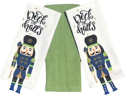 Winter Holiday Christmas Bath Hand Dish Kitchen Towels Set: Embroidered Deck the