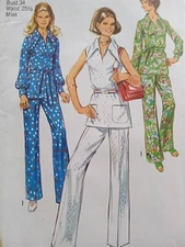 UC Vintage 70s Sewing Pattern Simplicity 9361 Collared Blouse Pants Size 12