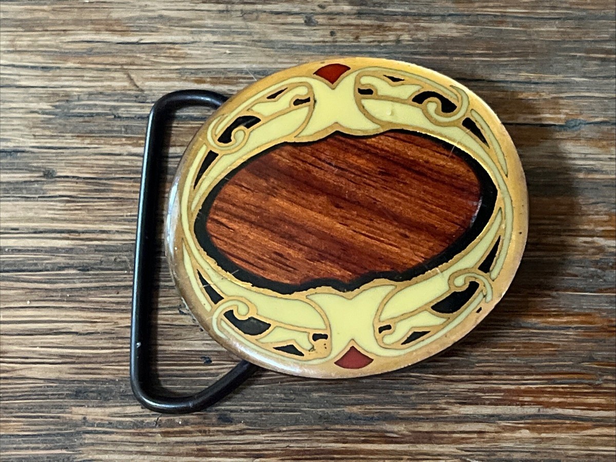 Western Metal Belt Buckle Solid Brass Inlaid Wood Colorado USA Used VG
