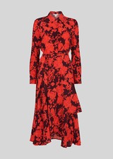 Whistles Red and Purple Floral Print Wrap Midi Dress Tie Waist Long Sleeves UK8