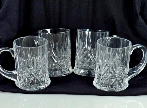 Set of 4 Crystal d'Arques Lead Crystal Mugs w/Handle Starburst Design Heavy 4"H