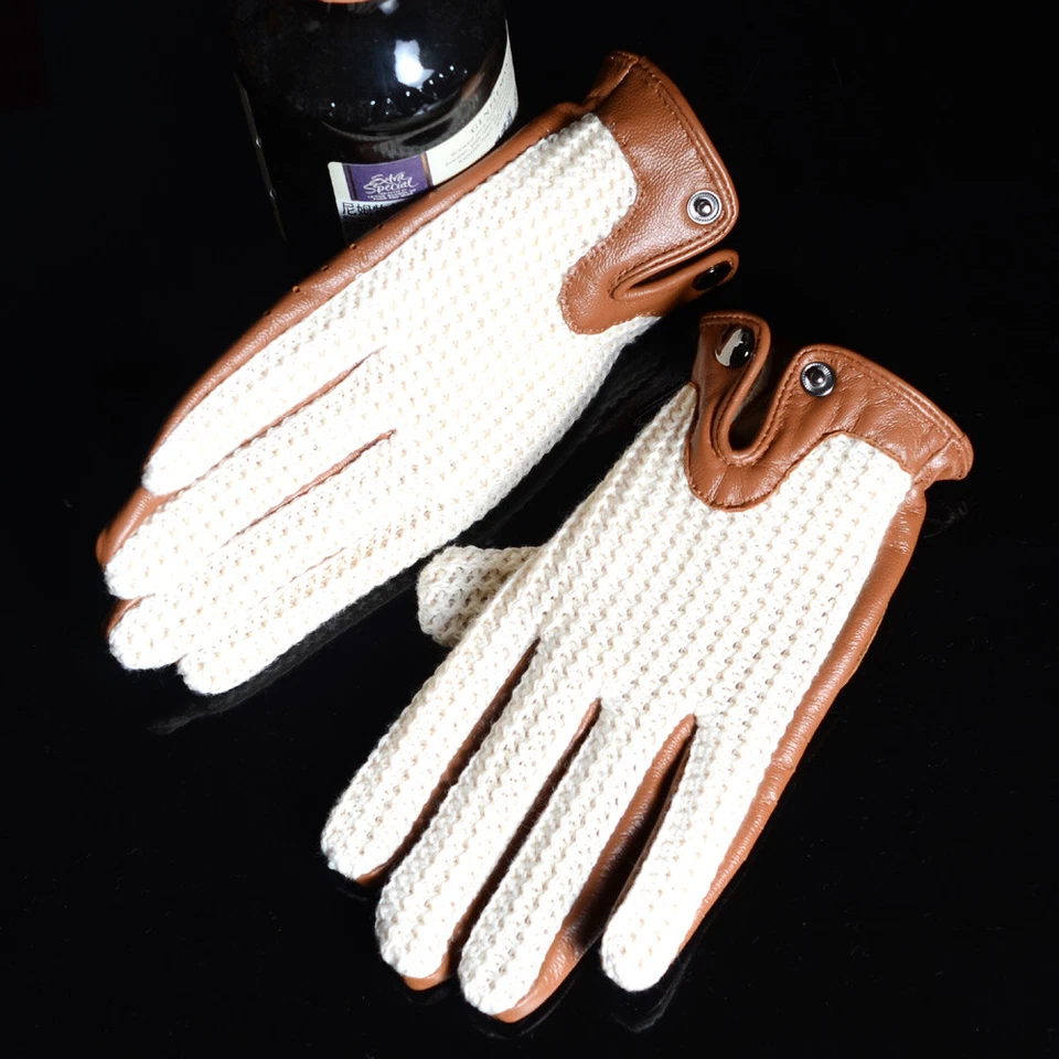Men's 100% Real Leather Retro Unlined Driving Knitted Touch Screen Short Gloves - Image 2 of 4