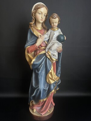 Holz Skulptur Maria Muttergottes Madonna mit Kind handgeschnitzt teils vergoldet
