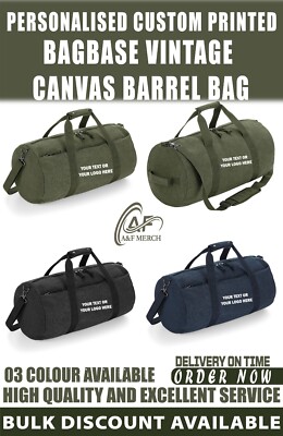 Personalisierte maßgeschneiderte BagBase Vintage Canvas Fass Tasche Sport Fitnessstudio Seesack BG655