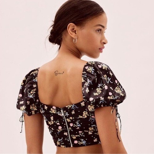 FOR LOVE & LEMONS August Satin Top in Floral Black Size XS NWOT - Picture 3 of 14