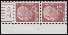 186xw Heuss 25 Pf Eck-Paar mit Druckerzeichen DZ 7 positiv, ungefaltet b&uuml;gig, **