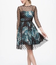 Eliza J Belted Polka Dot Mesh Overlay Fit & Flare Black Dress Size 6
