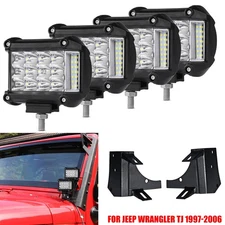 4PCS 4" Side Shooter LED Cube Pods + A-Pillar Mount Bracket For Jeep Wrangler TJ
