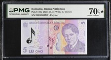 Romania 5 Lei 2023 P 118 k Polymer Superb Gem UNC PMG 70 EPQ Extra Star TOP POP