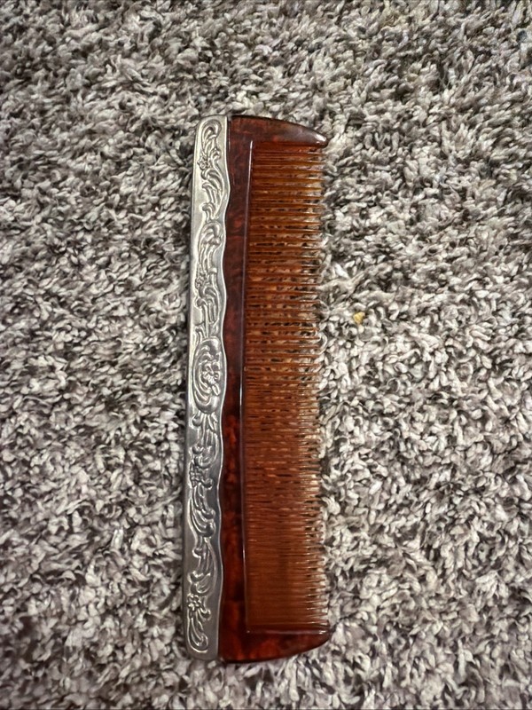  Antique Vintage Mid-century Silver Plated  Vanity Plastic Comb, Foral Scroll