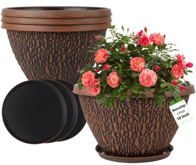 10 Inch Flower Pots with Drainage, 4 Pack Plastic Planters for Indoor Outdoor